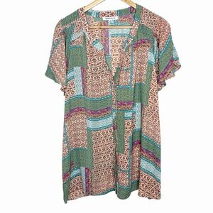 Rose And Olive Boho Patchwork Print Blouse Top Women 2X Chiffon Short Sleeve